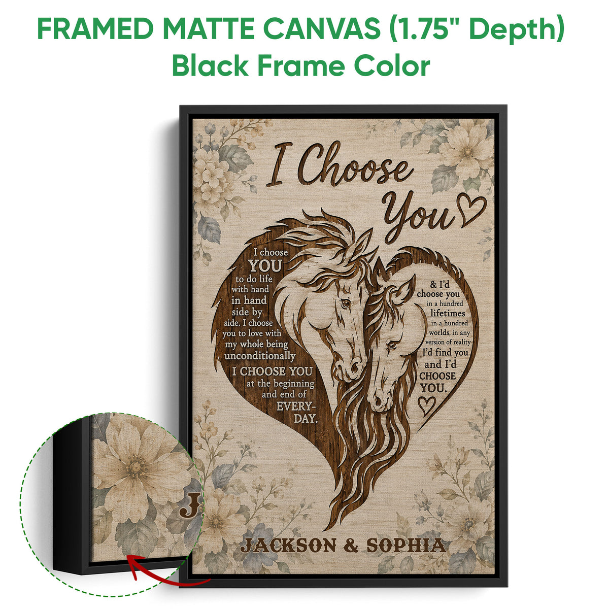 Framed matte canvas horse wall art shown with a black frame and a close-up of the floral artwork