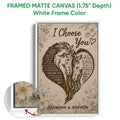 Framed matte canvas horse wall art shown with a white frame and a close-up of the printed floral detail