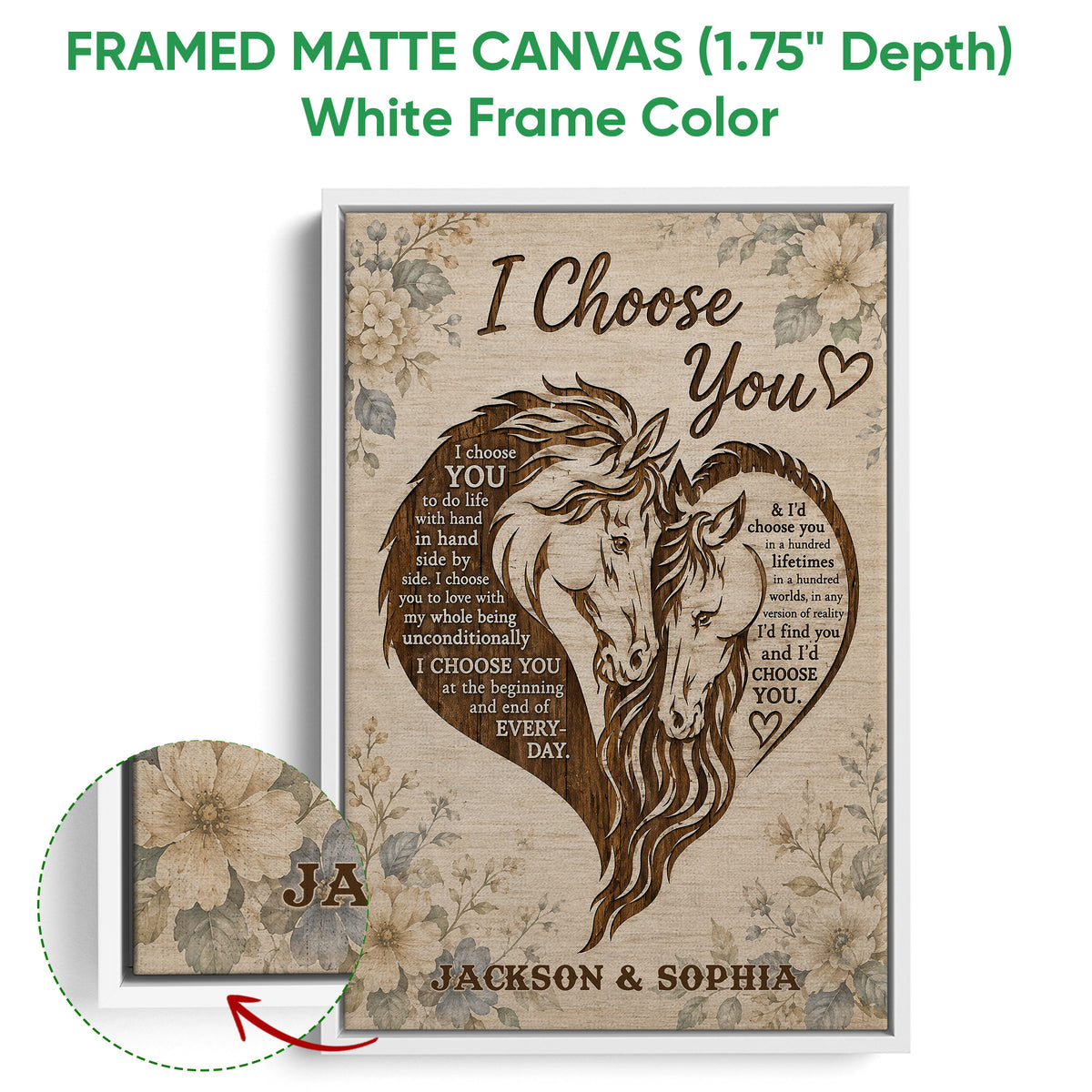 Framed matte canvas horse wall art shown with a white frame and a close-up of the printed floral detail