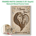 Framed matte canvas horse wall art shown with a natural wood frame and rustic floral design details