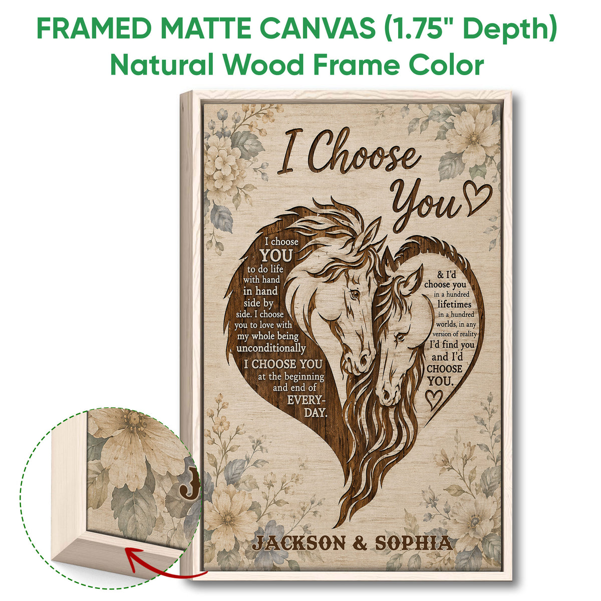 Framed matte canvas horse wall art shown with a natural wood frame and rustic floral design details