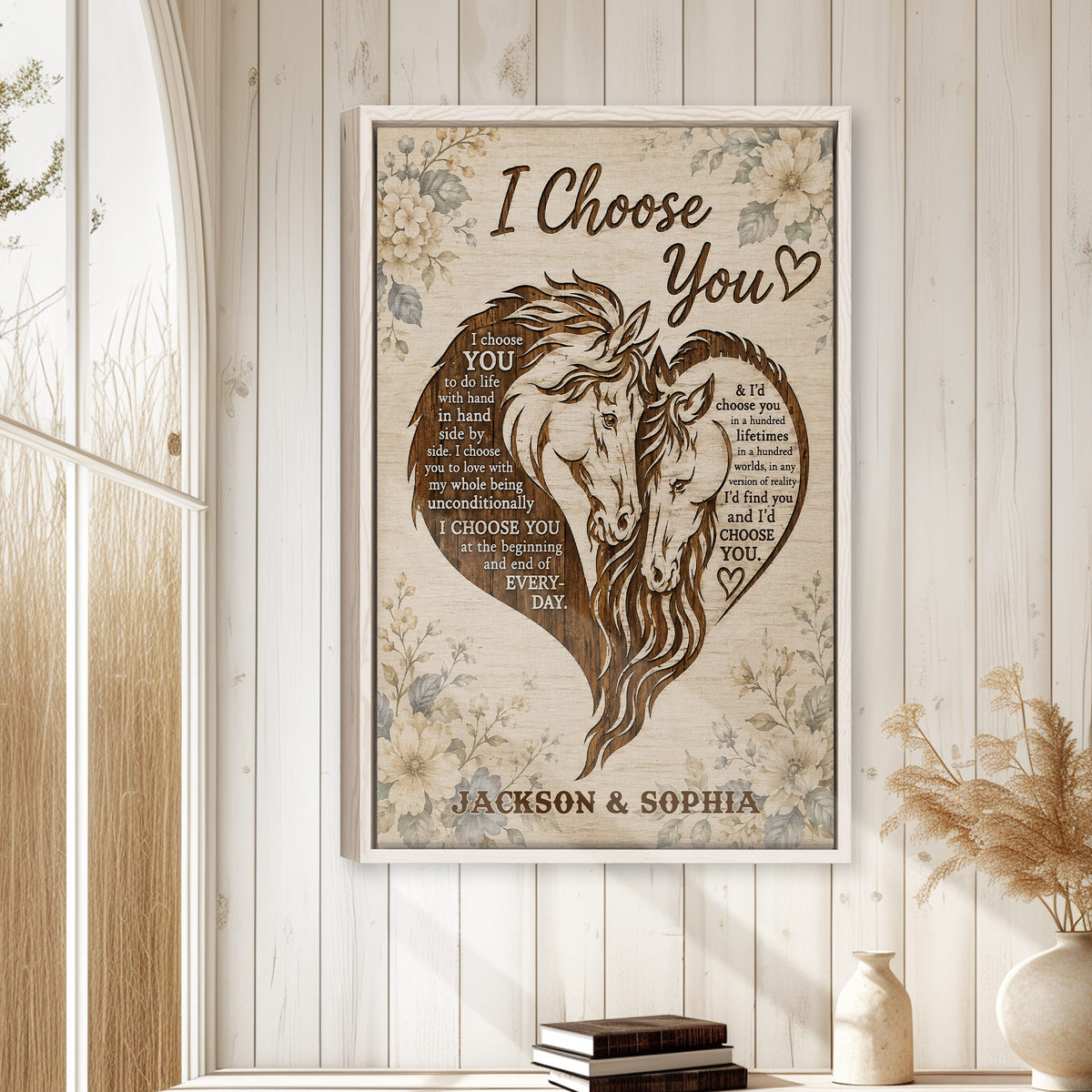 Romantic horse wall art displayed in a bright farmhouse-style room with white wood walls and neutral decor