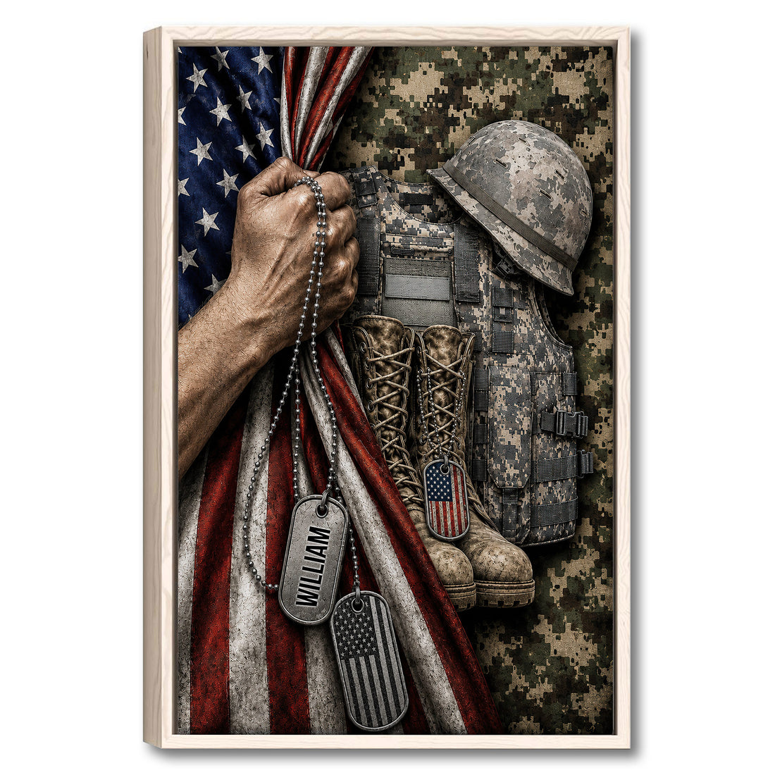 Framed veteran wall art featuring a military helmet, combat gear, dog tags, and an American flag