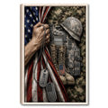 Framed veteran wall art featuring a military helmet, combat gear, dog tags, and an American flag
