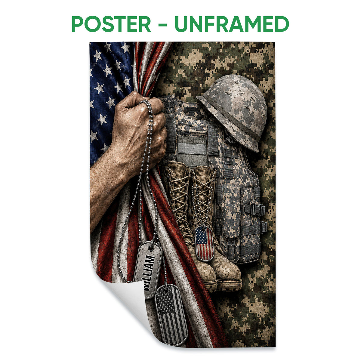 Unframed veteran poster featuring a military helmet, camouflage gear, dog tags, and American flag colors