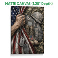 Matte canvas veteran wall art showing a military helmet, combat gear, dog tags, and patriotic flag design