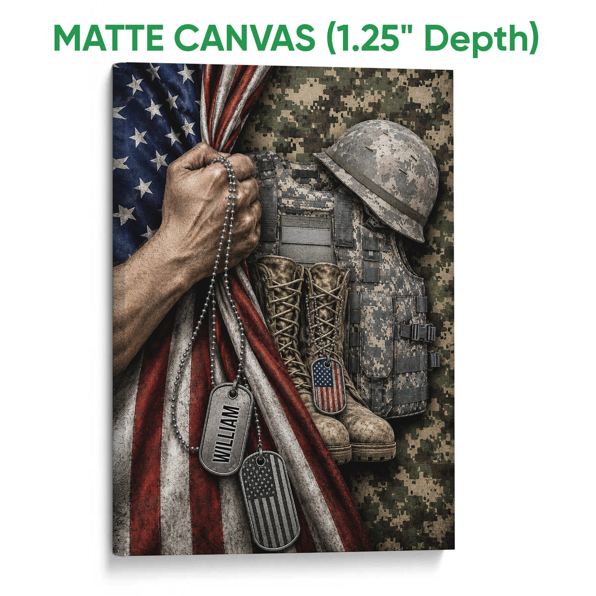 Matte canvas veteran wall art showing a military helmet, combat gear, dog tags, and patriotic flag design