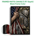 Framed canvas veteran wall art shown with a black frame and detailed military tribute artwork