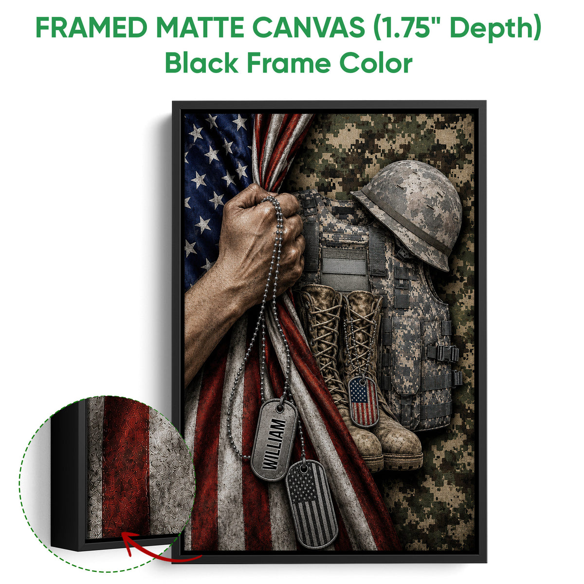 Framed canvas veteran wall art shown with a black frame and detailed military tribute artwork