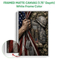 Framed canvas veteran wall art shown with a white frame and military helmet and flag artwork