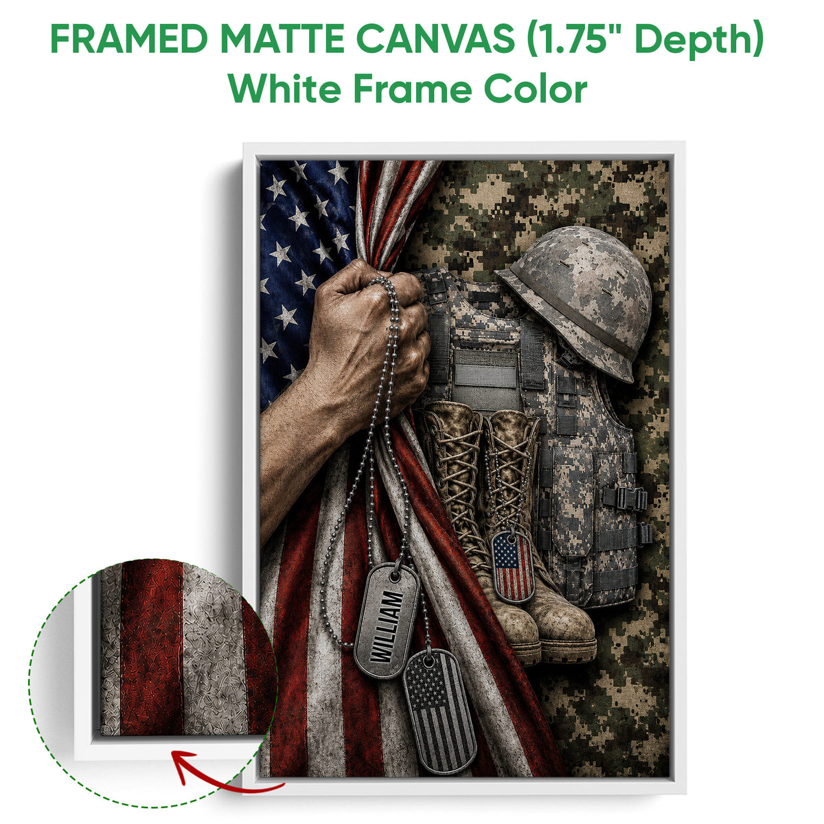 Framed canvas veteran wall art shown with a white frame and military helmet and flag artwork