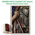 Framed canvas veteran wall art shown with a natural wood frame and patriotic military design