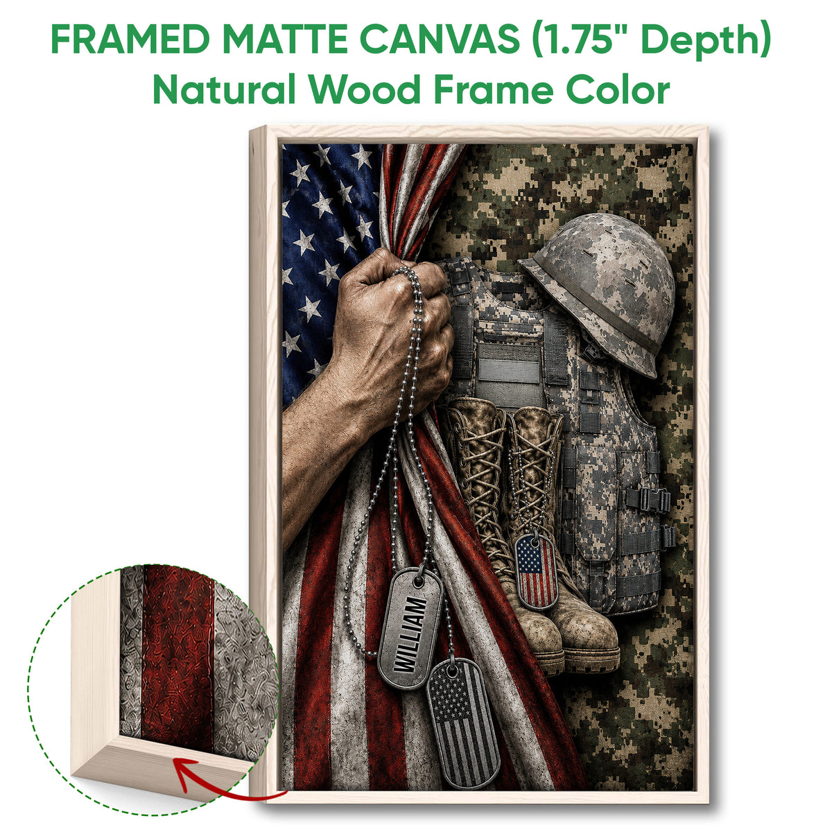 Framed canvas veteran wall art shown with a natural wood frame and patriotic military design