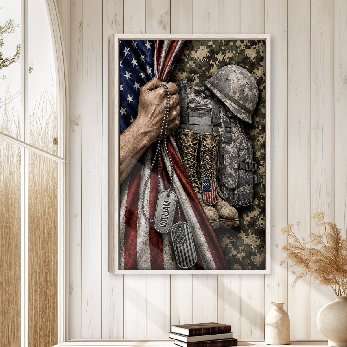 Framed veteran wall art displayed on a light wood-paneled wall in a neutral home interior