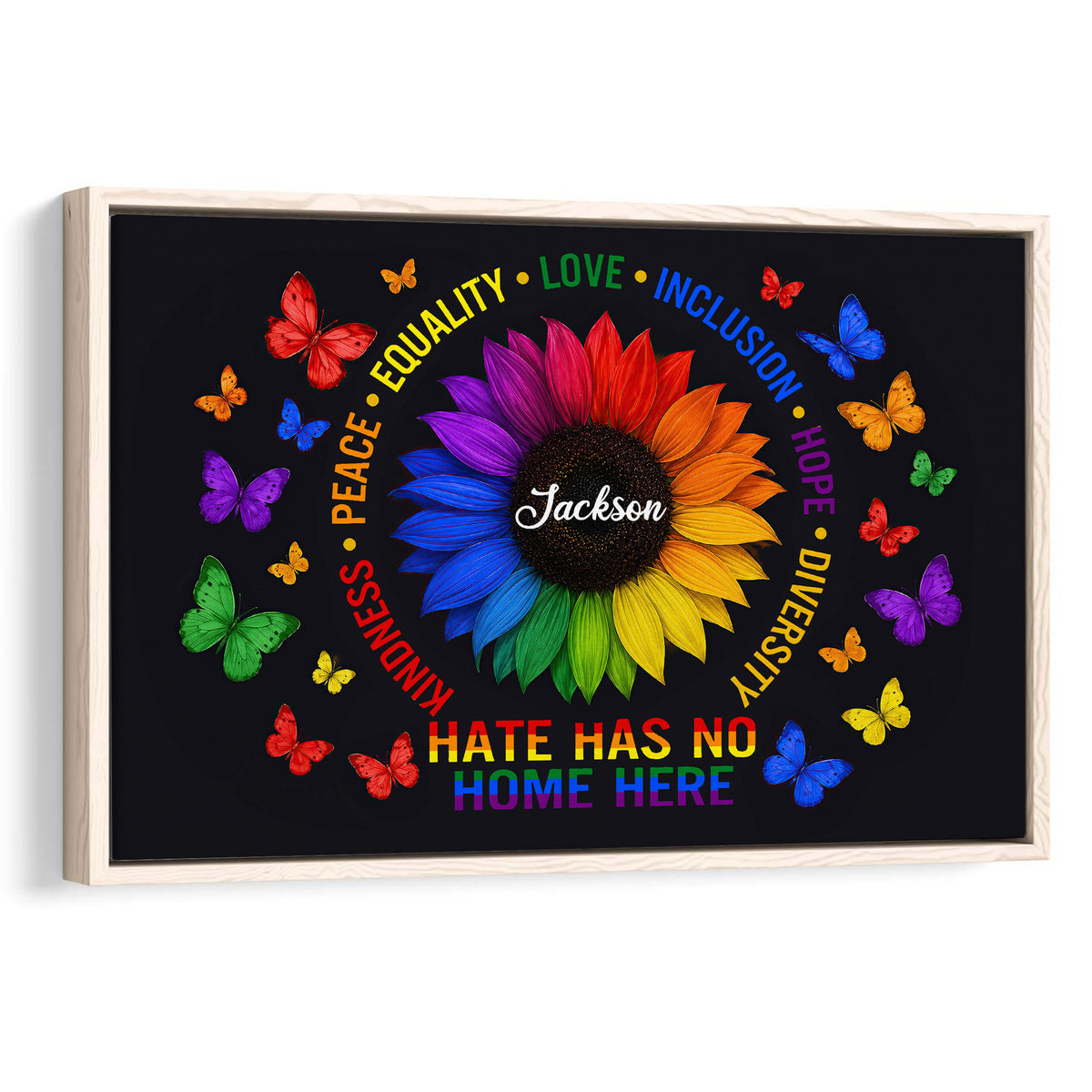 Framed LGBT pride wall art with a colorful sunflower, butterflies, and an inclusive message on a dark background