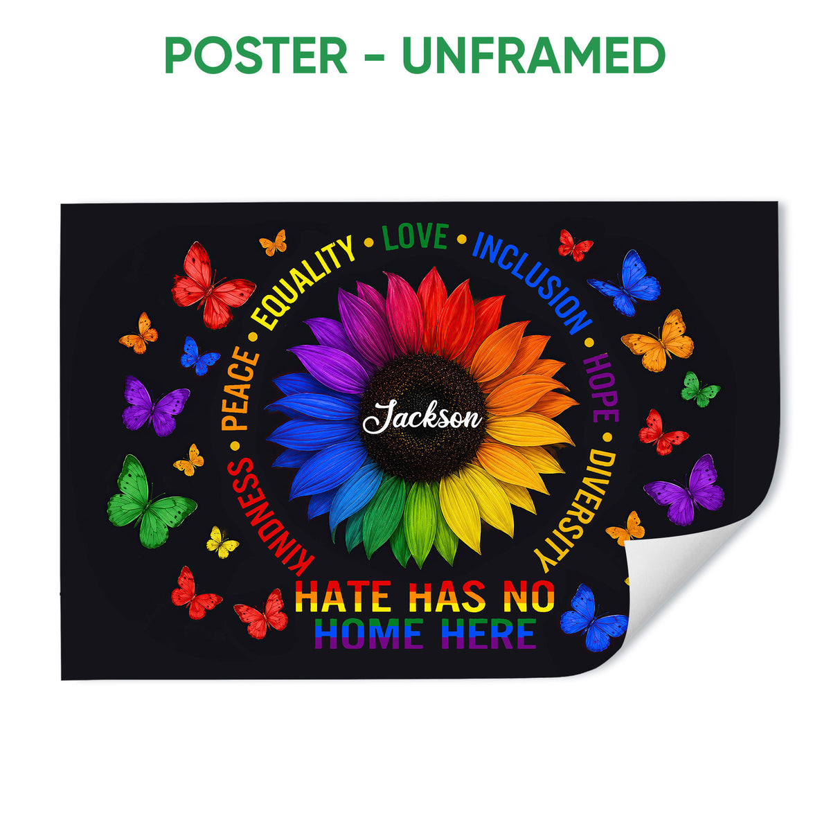 Unframed LGBT pride poster featuring a rainbow-colored sunflower, butterflies, and an equality message