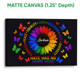 Matte canvas LGBT pride wall art with a vivid sunflower, colorful butterflies, and inclusive words