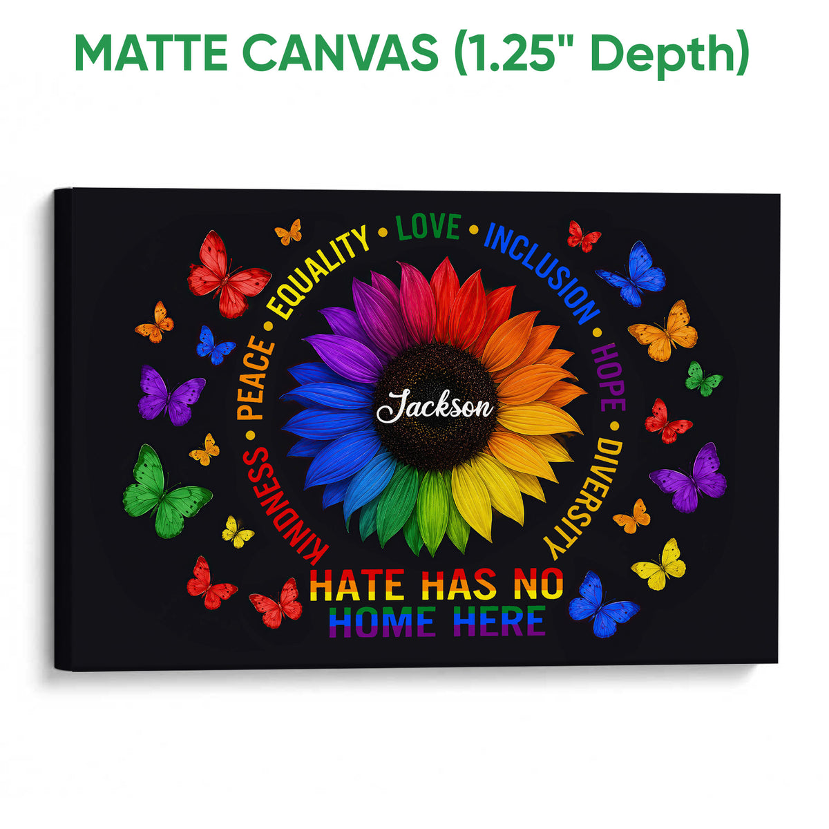 Matte canvas LGBT pride wall art with a vivid sunflower, colorful butterflies, and inclusive words