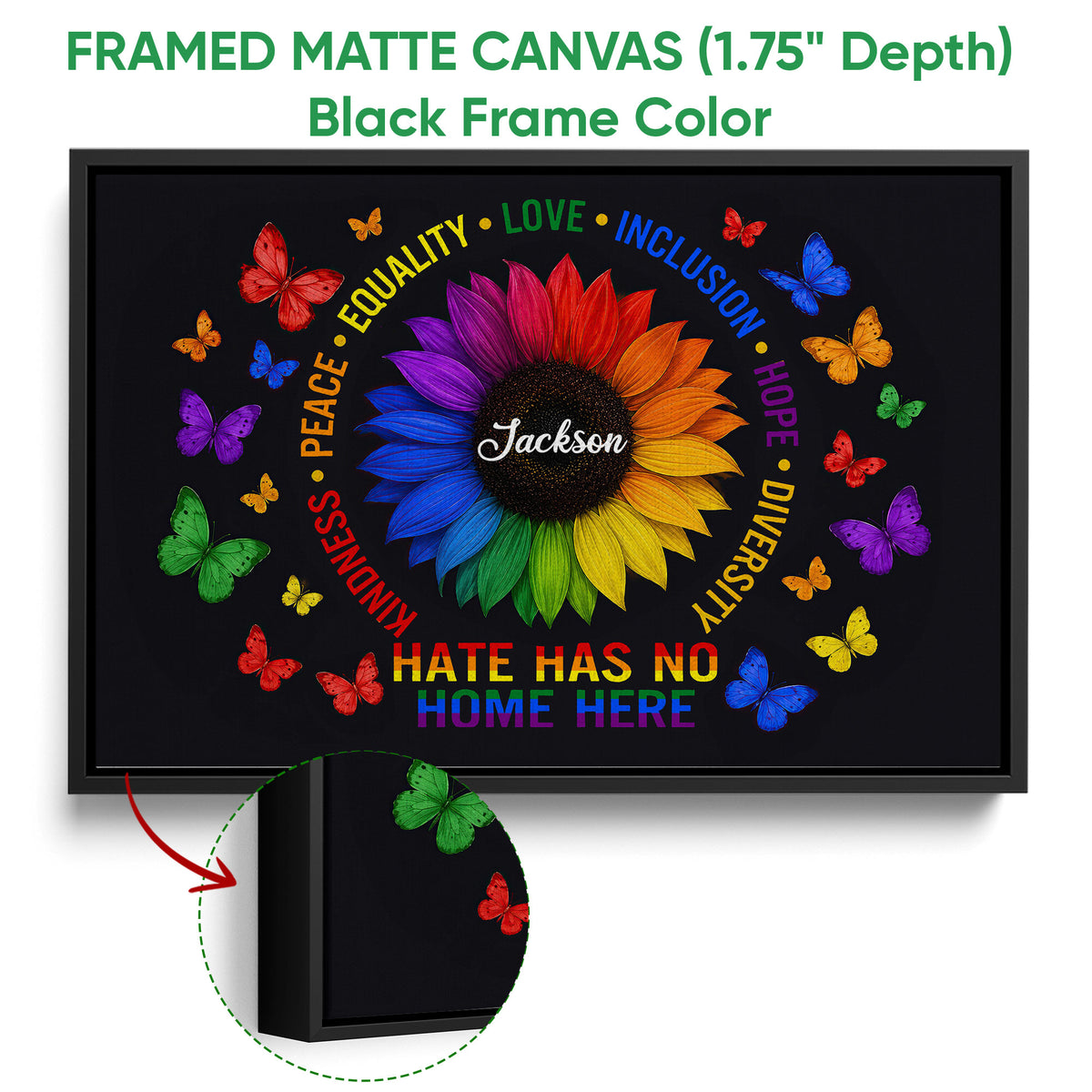 Black framed LGBT pride canvas featuring a multicolor sunflower, butterflies, and a hate-free message