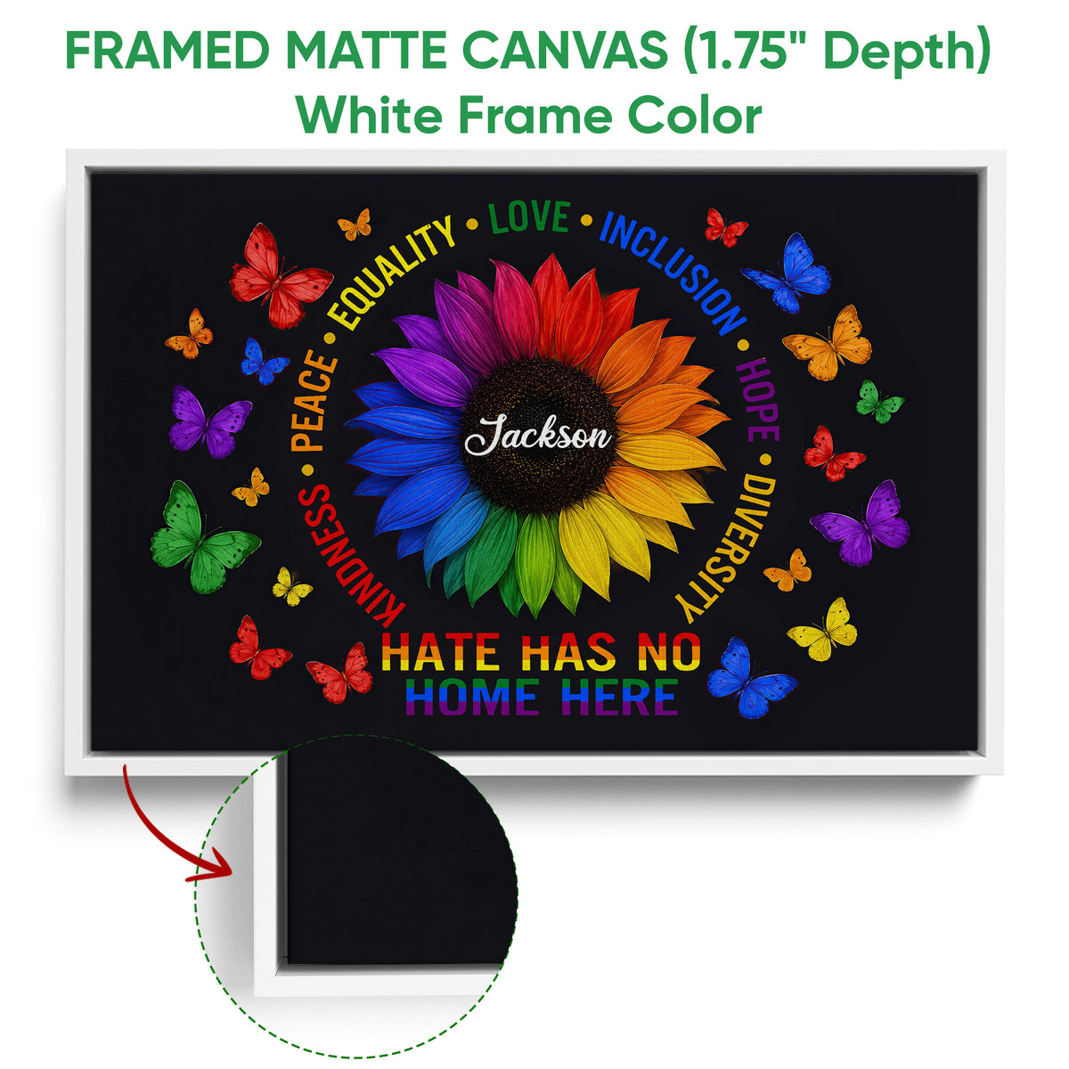 White framed LGBT pride canvas with a colorful sunflower, butterflies, and equality and inclusion wording