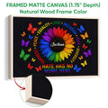 Natural wood framed LGBT pride wall art with a rainbow sunflower, butterflies, and a welcoming message