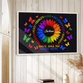 LGBT pride sunflower wall art displayed in a bright room with white wood walls and natural wood framing
