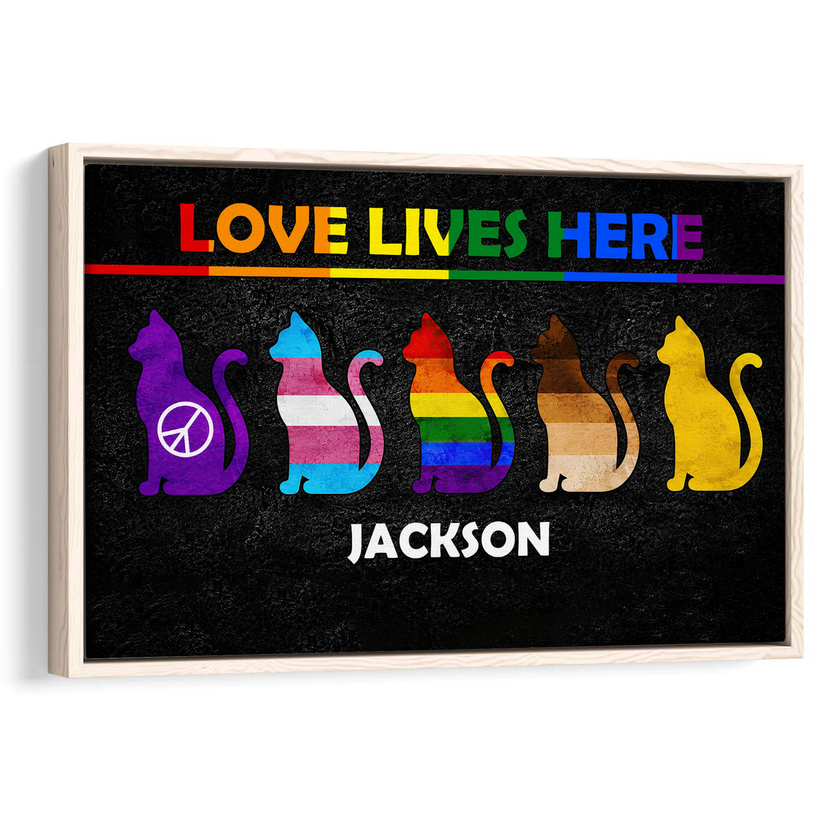 Framed LGBT wall art featuring five colorful pride flag cats on a black background