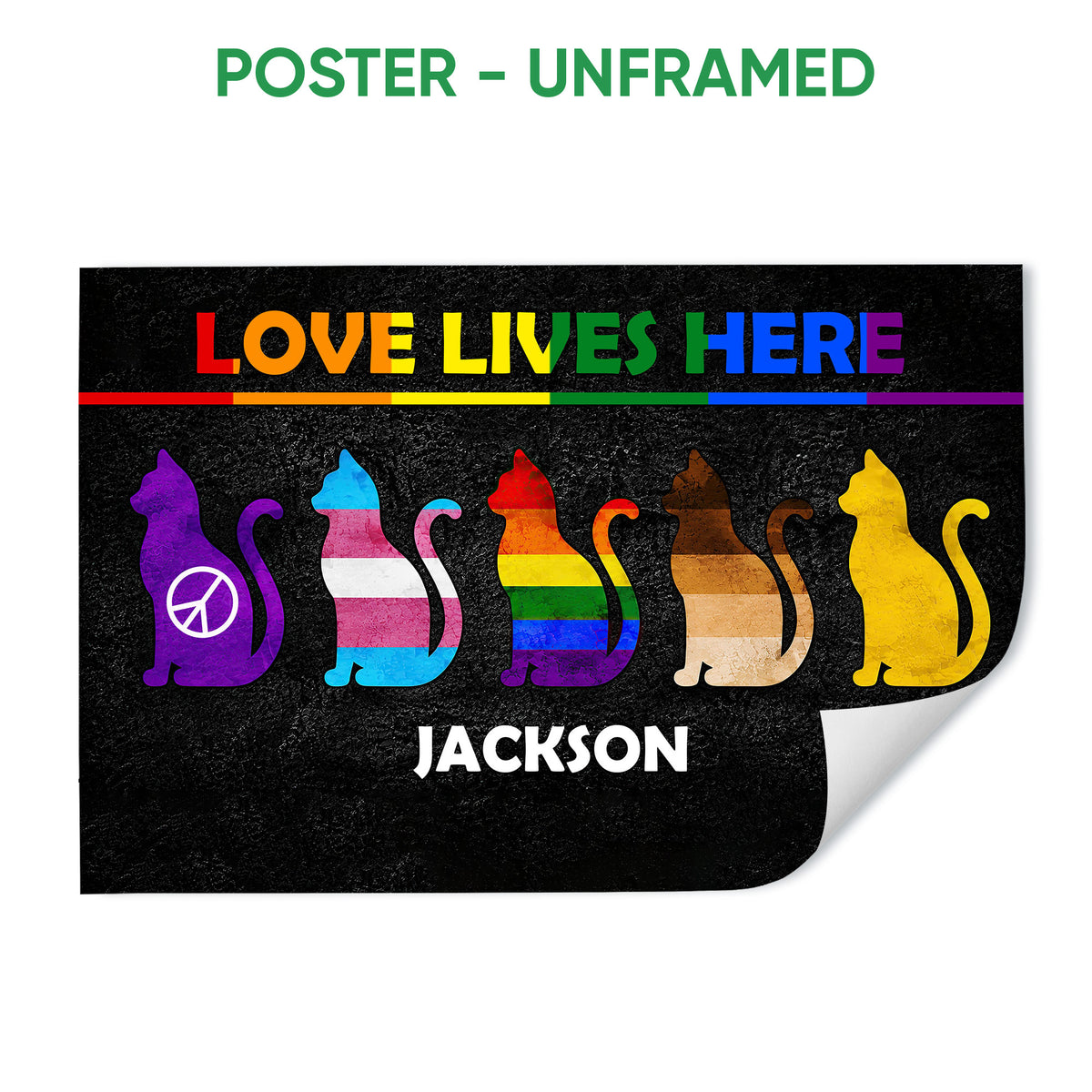 Unframed LGBT poster with colorful pride flag cats and bold rainbow-inspired artwork