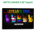 Matte canvas LGBT wall art featuring five colorful cats against a textured black background