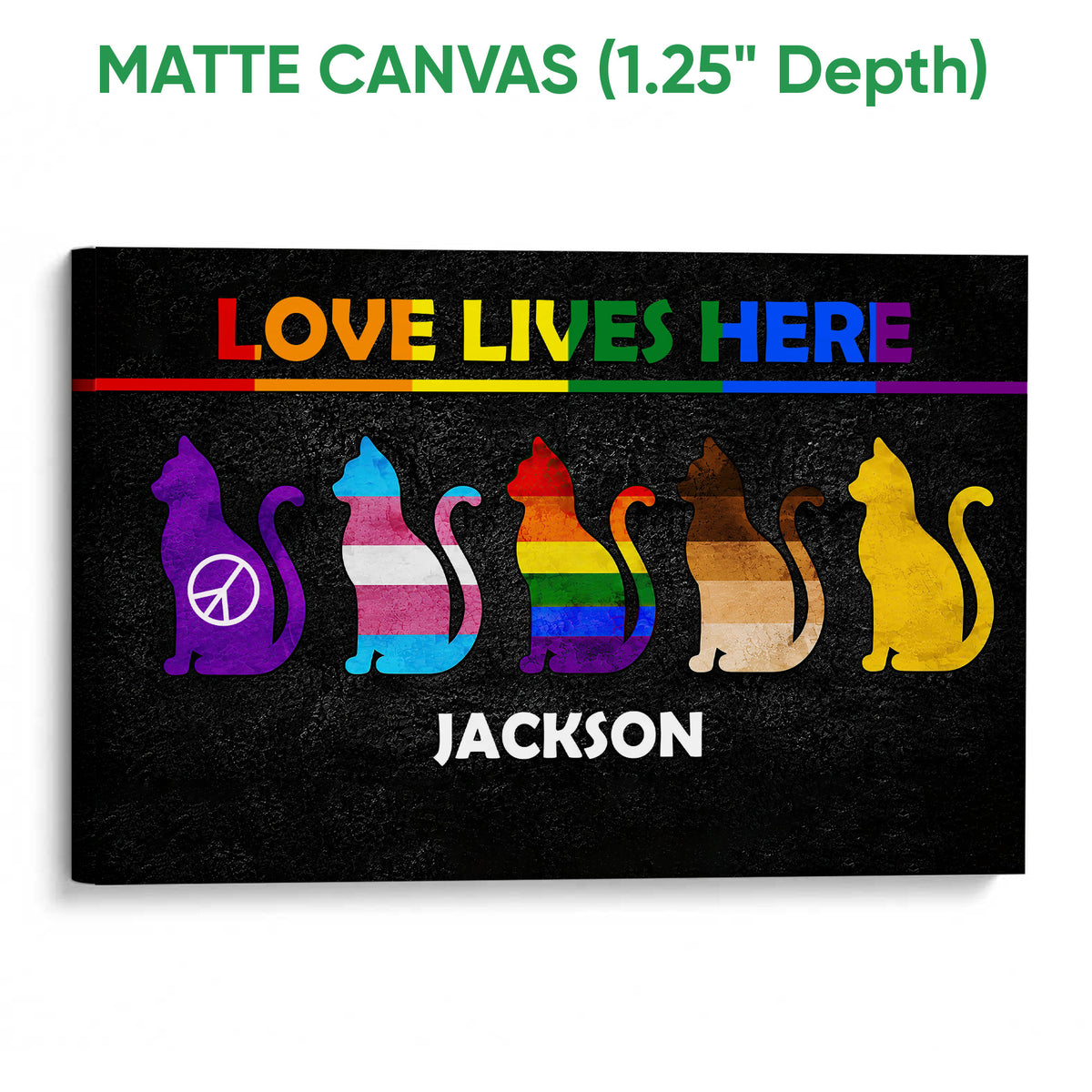 Matte canvas LGBT wall art featuring five colorful cats against a textured black background