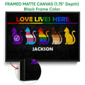 Black framed canvas wall art with colorful pride flag cats and vibrant rainbow accents