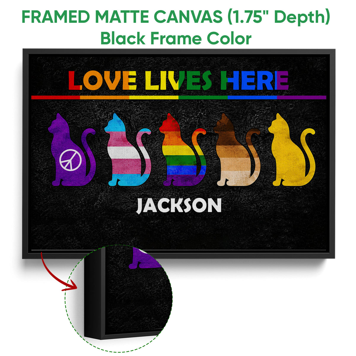 Black framed canvas wall art with colorful pride flag cats and vibrant rainbow accents