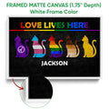 White framed LGBT canvas art featuring colorful pride flag cats on a black background