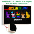 Natural wood framed LGBT wall art with colorful pride flag cats and rainbow colors