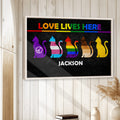 LGBT cat wall art displayed in a bright room with white wood panel walls