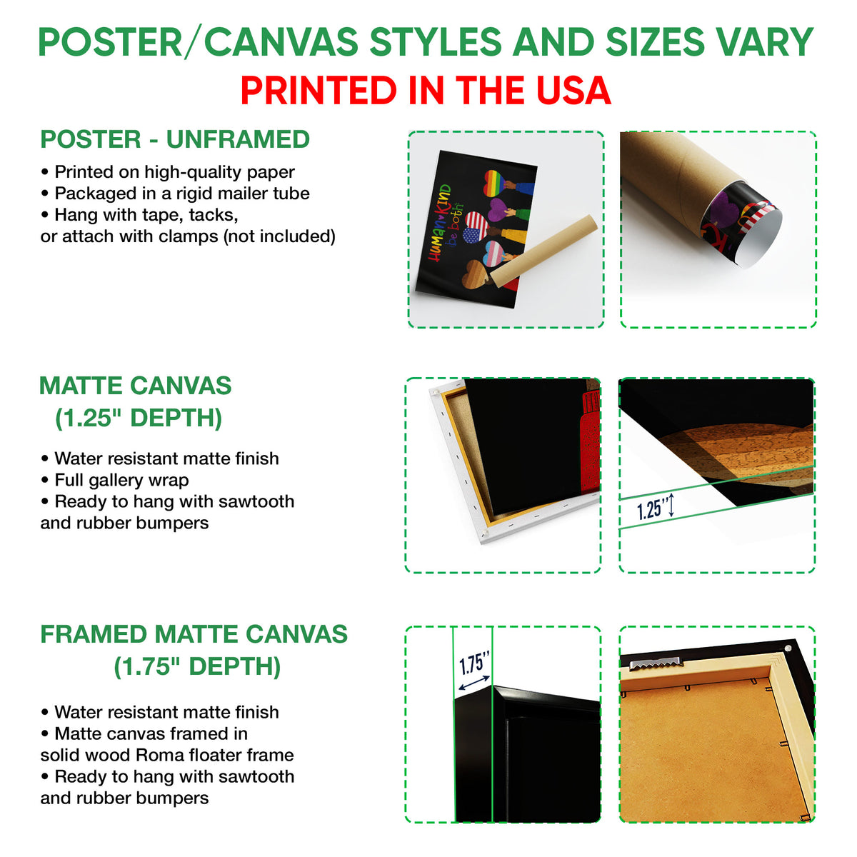 Poster and canvas wall art format guide showing unframed poster, matte canvas, and framed canvas options