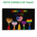 Matte canvas LGBT wall art with colorful pride hearts and diverse hands against a black background