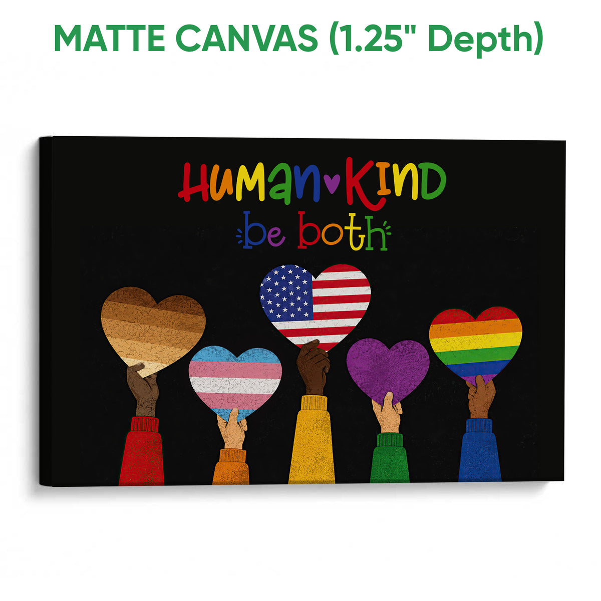 Matte canvas LGBT wall art with colorful pride hearts and diverse hands against a black background