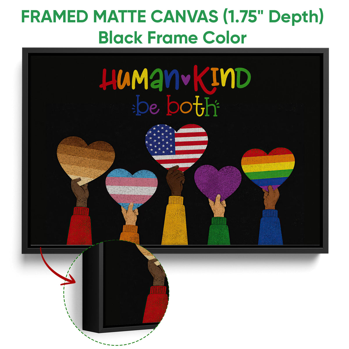 Black framed LGBT canvas featuring pride hearts, inclusive messaging, and vibrant rainbow colors