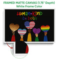 White framed LGBT canvas wall art with pride hearts and colorful inclusive artwork