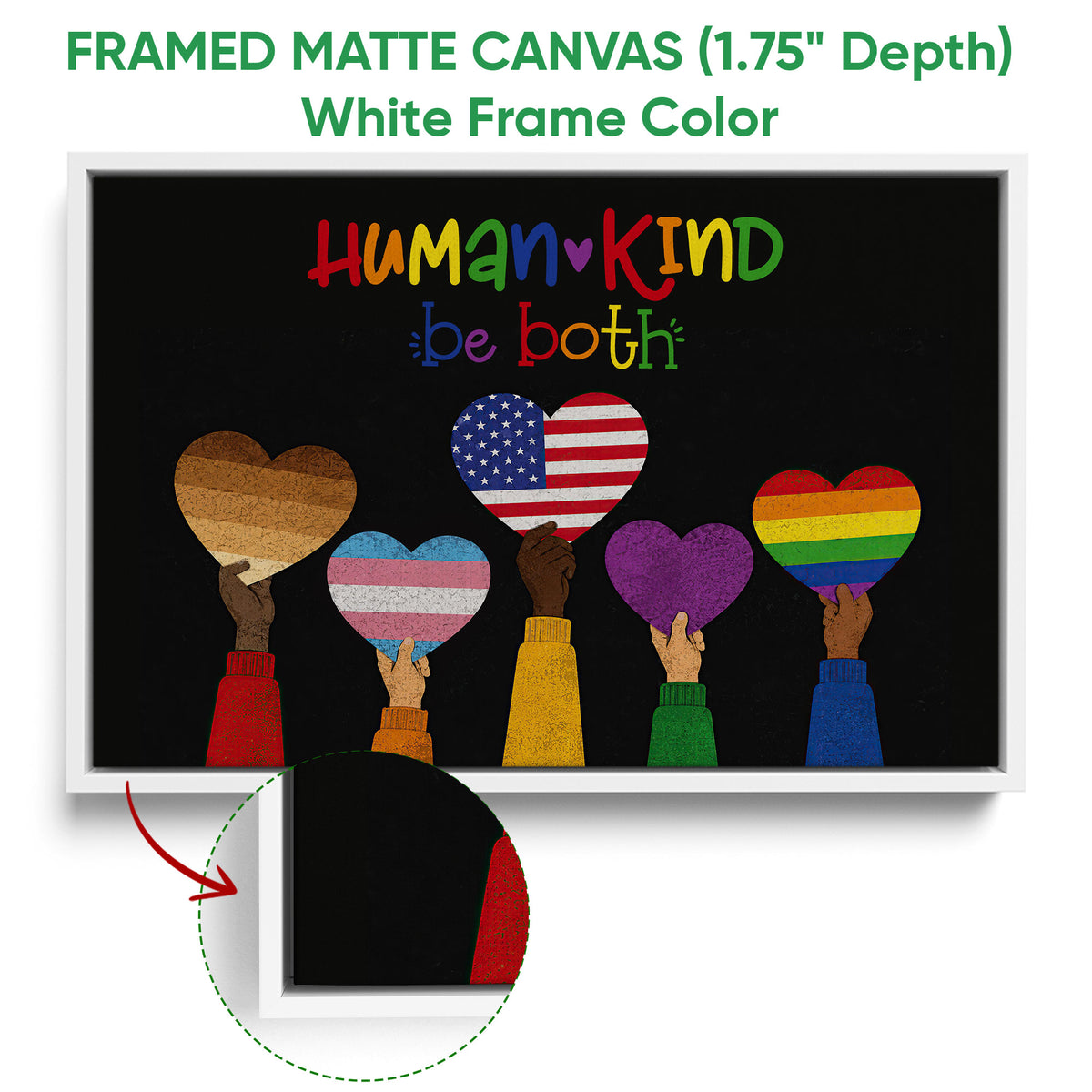 White framed LGBT canvas wall art with pride hearts and colorful inclusive artwork
