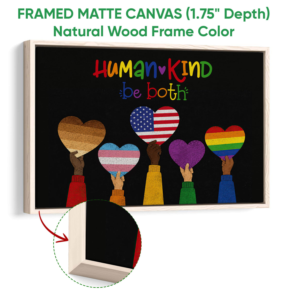 Natural wood framed LGBT wall art displaying diverse pride hearts and colorful lettering