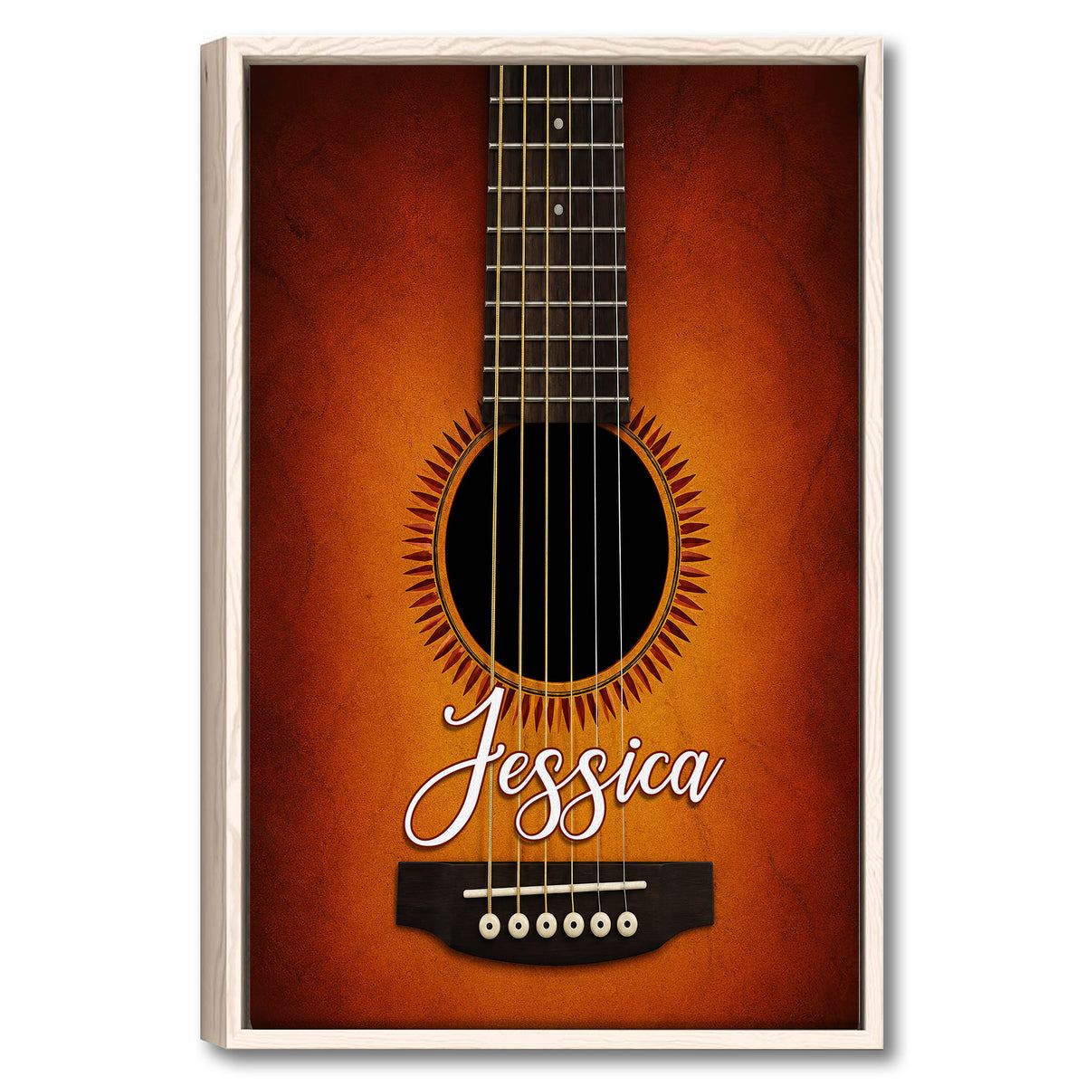Framed guitar wall art featuring a close-up acoustic guitar on a warm orange and brown background