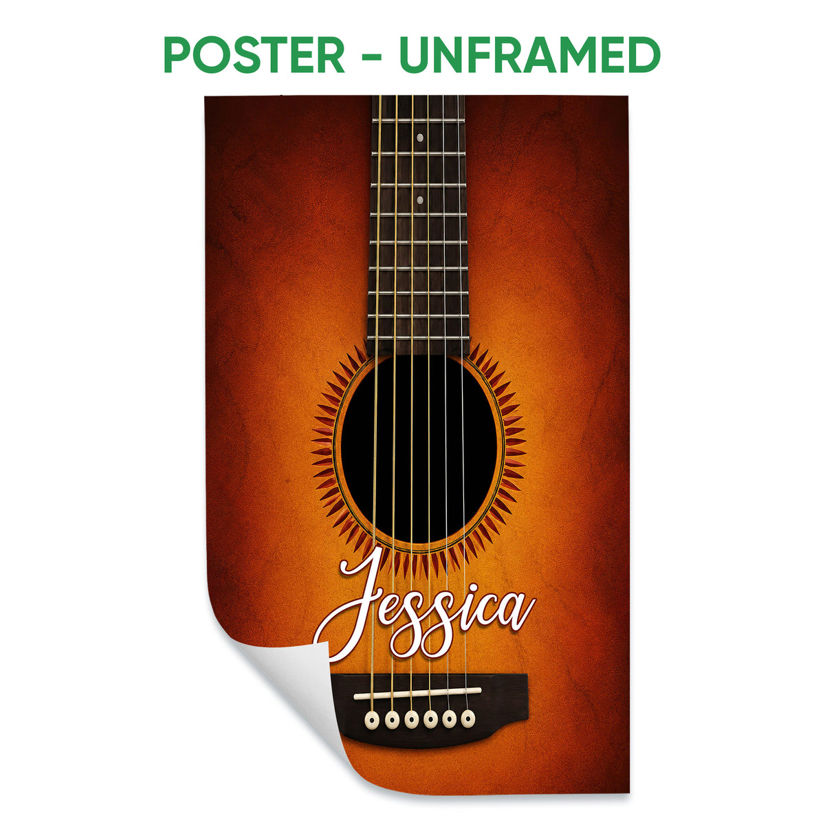Unframed guitar poster with a close-up acoustic guitar and warm textured orange background