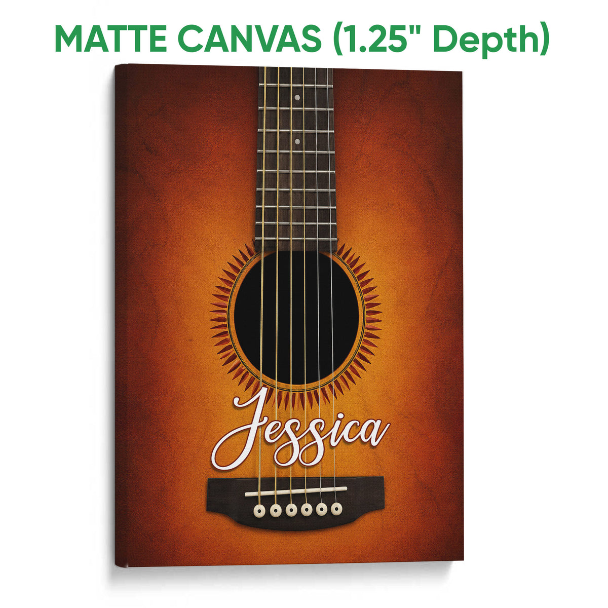 Matte canvas guitar wall art featuring a close-up acoustic guitar in rich orange and brown tones