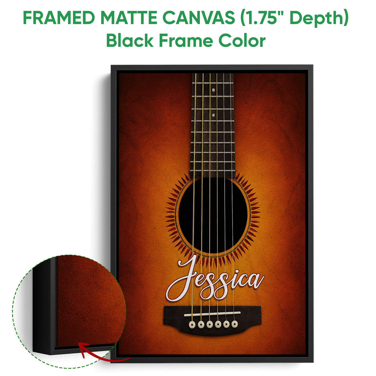 Black framed matte canvas guitar wall art with a detailed close-up acoustic guitar design