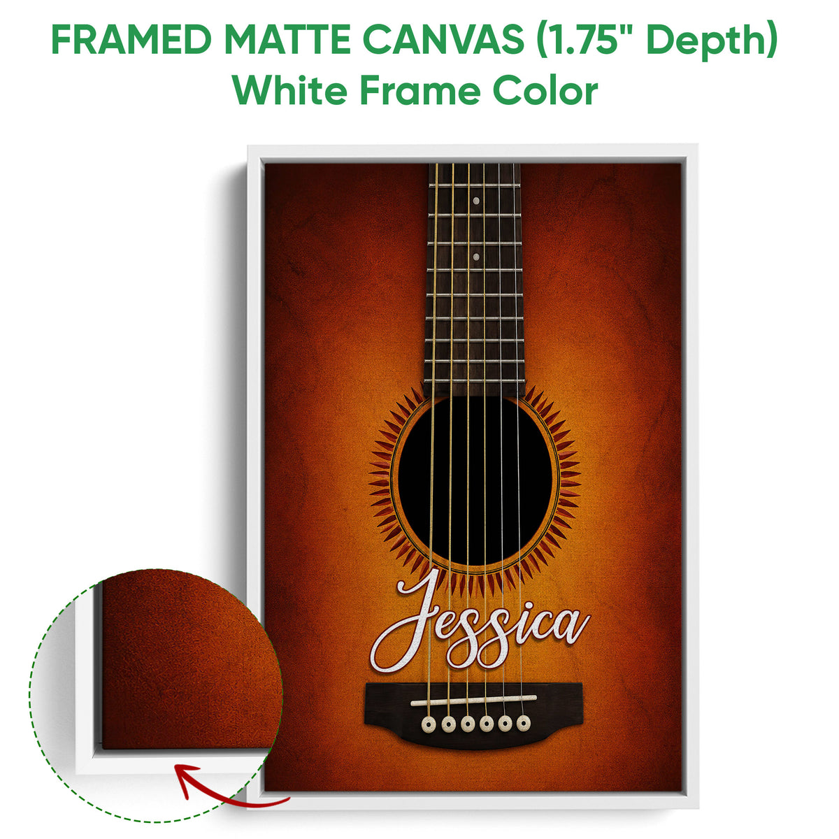 White framed matte canvas guitar wall art with a warm orange acoustic guitar design