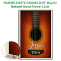 Natural wood framed guitar wall art featuring a close-up acoustic guitar and textured warm tones