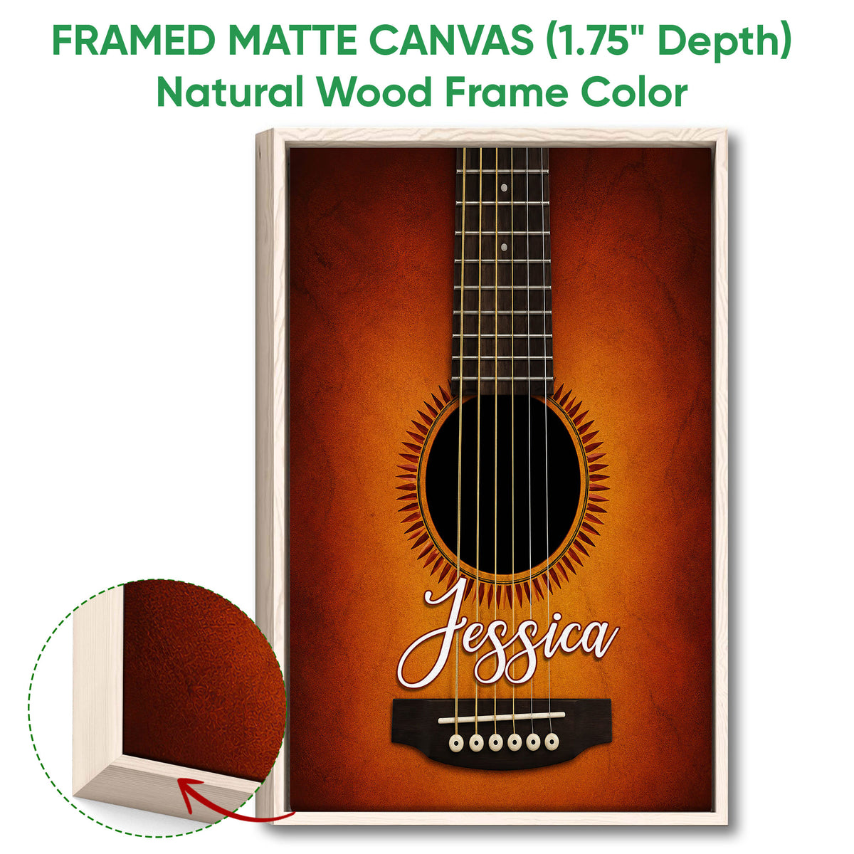 Natural wood framed guitar wall art featuring a close-up acoustic guitar and textured warm tones