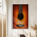 Framed guitar wall art displayed in a bright wood-paneled room with rustic home decor